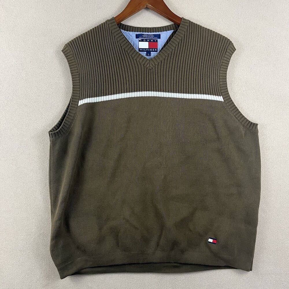 Tommy Hilfiger Mens Golf Sweater Vest‎ Sz LG Olive Green Academia Ivy League Y2K